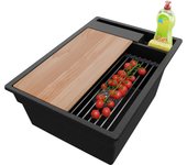 Primagran fregadero cocina negro metallic 38x53cm, fregadero granito 1 seno + sifón + accesorios, fregadero sobre encimera al mueble 40cm