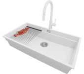 Primagran fregadero granito blanco 86x47cm, fregadero cocina 1 seno + sifón + accesorios, fregadero sobre encimera al mueble 90cm - prague slim