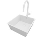 Primagran fregadero granito todo blanco 46x47cm, fregadero cocina 1 seno + sifón + accesorios, fregadero sobre encimera al mueble 50cm - london slim
