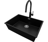 Primagran fregadero bajo encimera negro 66x47cm, fregadero granito 1 seno + grifo 40x22cm + sifón, fregadero cocina al mueble 70cm - london
