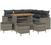 Conjunto de sofás de jardín de 9 piezas con cojines gris de poliratán acacia, conjunto de comedor de jardín de 4 piezas con cojines gris de poliratán