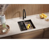 Primagran fregadero bajo encimera grafito 46x47cm, fregadero cocina 1 seno + sifón + enrollable escurridor, fregadero granito al mueble 50cm - prague