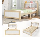 Cama individual de madera maciza con cabecero con canapé, estructura de cama de 90 x 200 cm con somier, cama de madera con cabecero