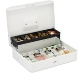 Relaxdays caja de dinero llaves, 5 compartimentos de monedas y 4 de billetes, hierro, 8,5x30,5x24,5 cm, blanco