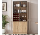 Vitrina de madera con puertas de cristal e iluminación led, 180 cm, mueble de almacenaje con compartimentos para baño, cocina y salón