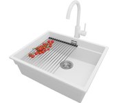 Primagran fregadero granito blanco 56x47cm, fregadero cocina 1 seno + sifón + accesorios, fregadero sobre encimera al mueble 60cm - prague slim