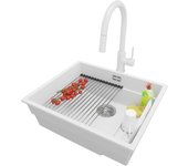 Primagran fregadero bajo encimera blanco 56x47cm, fregadero granito 1 seno + sifón + accesorios, fregadero cocina al mueble 60cm - prague