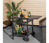 Mesa de carro de comedor móvil carrito doble estante tablero plegable 4 ganchos extra patio terraza 96,5x64x75,5 cm negro