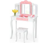Tocador de niños con 3 persianas desmontables y cajón, tocador de maquillaje con taburete, juego de tocador con esquinas redondeadas (blanco)