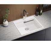 Primagran fregadero cocina blanco 58x53cm, fregadero granito 1 seno + sifón + accesorios, fregadero sobre encimera al mueble 60cm - oslo max
