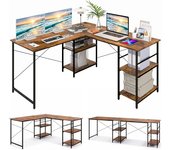 Escritorio con estantes de almacenamiento en forma de l, escritorio de esquina industrial de madera de 29m, largo para 2 personas, de pc, 242×60×75cm