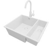 Primagran fregadero granito todo blanco 56x47cm, fregadero cocina 1,5 senos + sifón + accesorios, fregadero sobre encimera al mueble 60cm