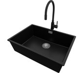 Primagran fregadero granito negro 66x47cm, fregadero cocina 1 seno + grifo 40x13cm + sifón, fregadero sobre encimera al mueble 70cm - london slim
