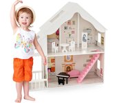 Casa de muñecas de madera, casa de ensueño de 2 plantas semiabierta para niños, muebles simulados con porche y claraboyas, juguete creativo, regalo