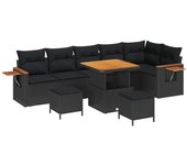 Conjunto de sofás de jardín de 9 piezas con cojines negro polirratán acacia, conjunto de comedor de jardín de 3 piezas con cojines negro polirratán ac