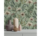 Papel pintado vinílico de flores silvestres con margaritas y amapolas fondo verde - margot meadow 682381 de gaulan - rollo de 10 m x 0,52 m
