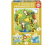 Lote de 4 puzzles progresivos 12 a 25 piezas Animales salvajes EDUCA amarillo medio liso