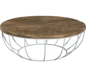 MACABANE Mesa de centro de madera de teca reciclada y metal blanco d100