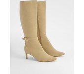boohoo Botas De Caña Alta Con Tacón Bajo, Puntera De Pico Y Hebilla, Beige 39