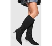 boohoo Botas De Caña Alta Con Tacón Bajo, Puntera De Pico Y Hebilla, Negro 39