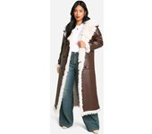 boohoo Abrigo Petite Largo De Cuero Sintético, Brown 38