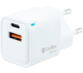 CoolBox Cargador USB 2 Puertos 20W con Tecnología GAN, QuickCharge 3.0 + PowerDelivery, USB-A + USB-C, Compatible con iPhone/iPad/Galaxy/Xiaomi. Formato Ultra Compacto, Color Blanco