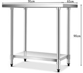 Costway Mesa de Acero Inoxidable de Trabajo Mesa de Preparación de Cocina con Ruedas 2 Niveles Estante Ajustable 91 x 61 x 90 cm