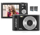 Cámara digital portátil Andoer 48MP 2.7K Pantalla IPS de 2.88 pulgadas Zoom 16X Autoenfoque Temporizador 128GB Memoria extendida Detección de rostro Antivibración con 2 baterías Correa de mano Bolsa de transporte