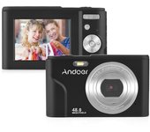 Cámara digital portátil Andoer 48MP 1080P Pantalla IPS de 2.4 pulgadas Zoom 16X Enfoque automático Autodisparador 128GB Memoria extendida Detección de rostro Antivibración con 2 baterías Correa de mano Bolsa de transporte