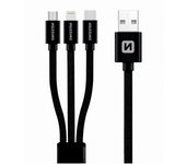 Swissten Cable de carga 3 en 1, multicarga [MFI] textil trenzado de 1,2 m, carga rápida con puerto tipo C, micro USB y iPhone, compatible con iPhone 14 13 Galaxy S23 S20 S9 y micro USB