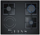 Balay 3ETG667HB - Placa de Gas Mixta, 3 zonas de gas y 1 eléctrica, 60 cm, Cristal Vitrocerámico Negro