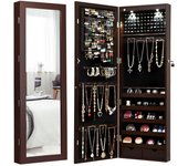 Costway Armario para Joyas con Espejo de Cuerpo Entero Montado a la Pared Puerta con 2 Luces LED Organizador Joyero 37 x 9,5 x 108 cm