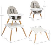 Costway Trona 4 en 1 Convertible de Madera con Arnés 5 Puntos con Bandeja Desmontable y Regulable en 4 Posiciones y Cojín en PU Gris