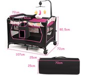 Costway Parque Portátil 3 en 1 para Niños con Cama Cambiador Centro Actividad Ruedas y Frenos Rosa 107 x 72 x 80,5 cm