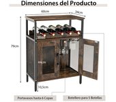 Costway Aparador Industrial para Cocina con Estante Extraíble para Vinos y Portavasos Marrón Rústico 60 x 34 x 79 cm
