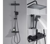 Cecipa max columna de ducha 38°c termostática negro + estantes de cristal templado + teleducha 3 tipos de chorros + ducha fija