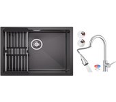 Fregadero de cocina de acero inoxidable negro de 1 cubeta de 60 × 44 cm con escurridor y grifo mezclador cepillado con rociador extraíble