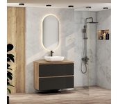 Conjunto de baño nia | mueble suspendido | 90 cm negro | dos cajones | lavabo sobrepuesto | no incluye espejo | mueble montado| alday