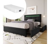 Cama 90 x 200 cm - tejido de lino - led - negro + colchón