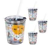 Relaxdays vasos con tapa y pajita, set de 4, deportivo, 350 ml, transparente, cristal, batidos, smoothies, transparente