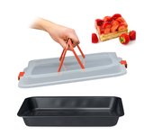 Relaxdays bandeja de horno con tapa, portatartas 3 en 1, 40,5x32,5cm, molde hornear, cubierta transporte, negro/rojo