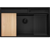 Primagran fregadero cocina todo negro 88x53cm, fregadero granito 1 seno + sifón + accesorios, fregadero sobre encimera al mueble 90cm - oslo pocket