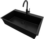 Primagran fregadero granito todo negro 78x50cm, fregadero cocina 1 seno + grifo 32x20cm + sifón, fregadero sobre encimera al mueble 80cm - riga