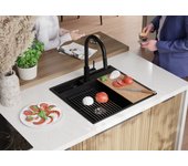 Primagran fregadero cocina negro 58x53cm, fregadero granito 1 seno + sifón + accesorios, fregadero sobre encimera al mueble 60cm - oslo pocket