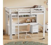 Cama alta 90 x 200 cm con escritorio, librería, cajones y escalera, madera mdf, blanco
