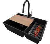 Primagran fregadero granito negro metallic 78x53cm, fregadero cocina 2 senos + sifón + accesorios, fregadero sobre encimera al mueble 80cm - paris