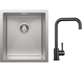 Fregadero de cocina de 1 seno de 40 x 44 cm en acero inoxidable cepillado + grifo mezclador de cocina de acero inoxidable negro con caño alto curvo
