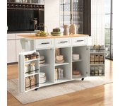 Isla de cocina móvil central con 2 puertas y 3 cajones - tapa extensible - 129x46/71x91,5 cm - madera mdf + metal - blanco + natural