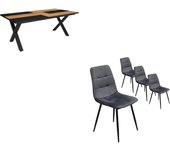 Conjunto salón, mesa de comedor, 194x90x75cm, roble y negro, estilo industrial, mesa fija, pack de 4 sillas de comedor, silla tapizada