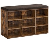 Banco zapatero con asiento acolchado, 9 compartimientos y estantes ajustables, ideal para entrada y sala de estar, marrón rústico
